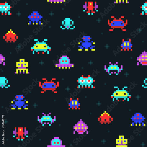 Fotografie, Obraz Cute pixel robots, space invaders retro video computer game seamless vector patt