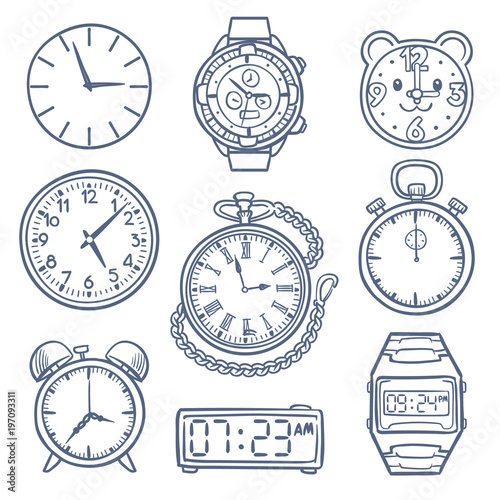 Doodle watch, clock vector icons. Hand drawn time vector icons isolated