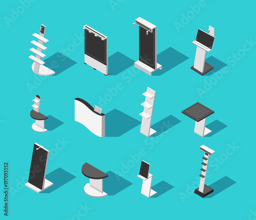 Isometric 3d demonstration booth stands for exhibition isolated vector set