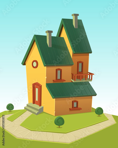 Family cartoon house building with stone trail. Cartoon vector illustration.