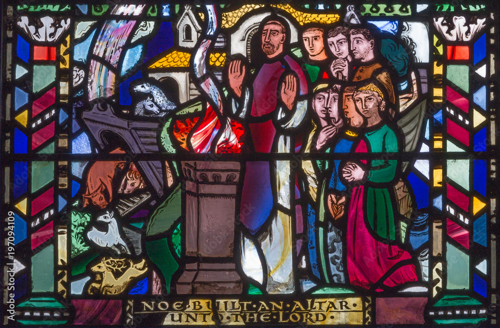 LONDON, GREAT BRITAIN - SEPTEMBER 16, 2017: The Jesus prayer in Gethsemane gareden on the stained glass in church St Etheldreda by Charles Blakeman (1953 - 1953).