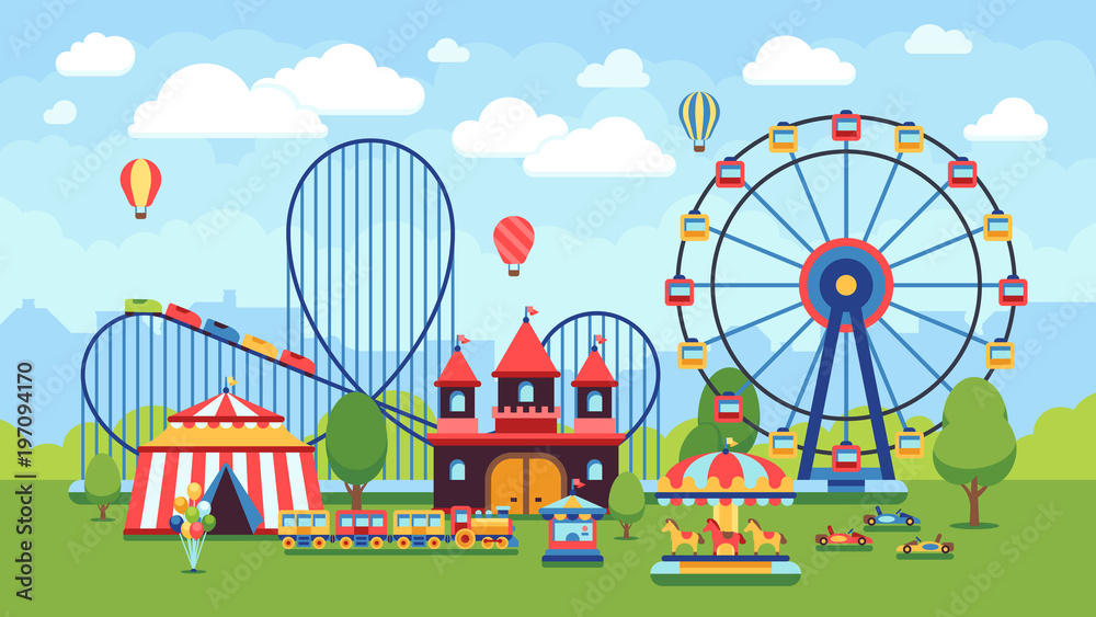 Cartoon amusement park with circus, carousels and roller coaster vector illustration