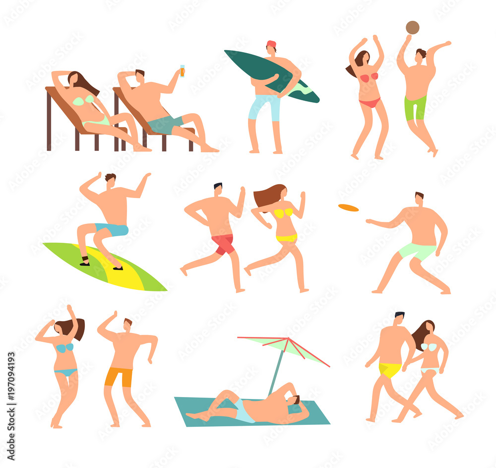Young and happy family on sunny beach. Vector people character on summer vacation Young and happy family on sunny beach. Vector people character on summer vacation