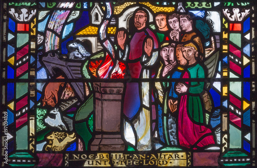 LONDON, GREAT BRITAIN - SEPTEMBER 16, 2017: The Jesus prayer in Gethsemane gareden on the stained glass in church St Etheldreda by Charles Blakeman (1953 - 1953).