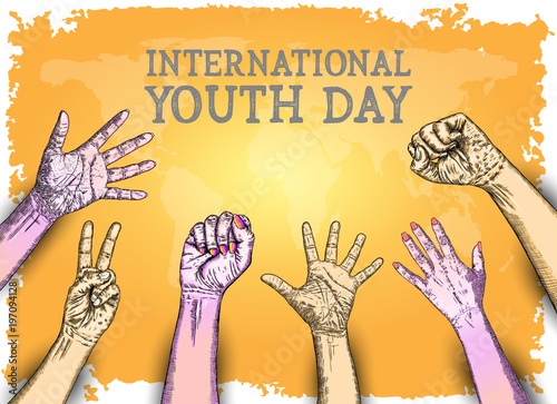 International Youth day design on annual 12 August celebration. Hand drawn sketch concept. Design of friendship day. Friends day. Vector.