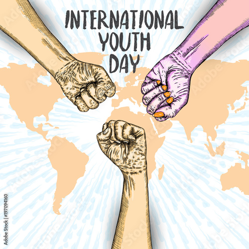 International Youth day design on annual 12 August celebration. Hand drawn sketch concept. Design of friendship day. Friends day. Vector.