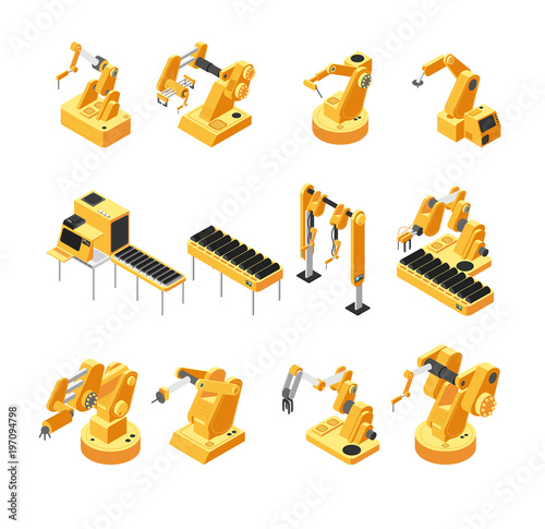Industry robot machinery, mechanical arm isometric vector set