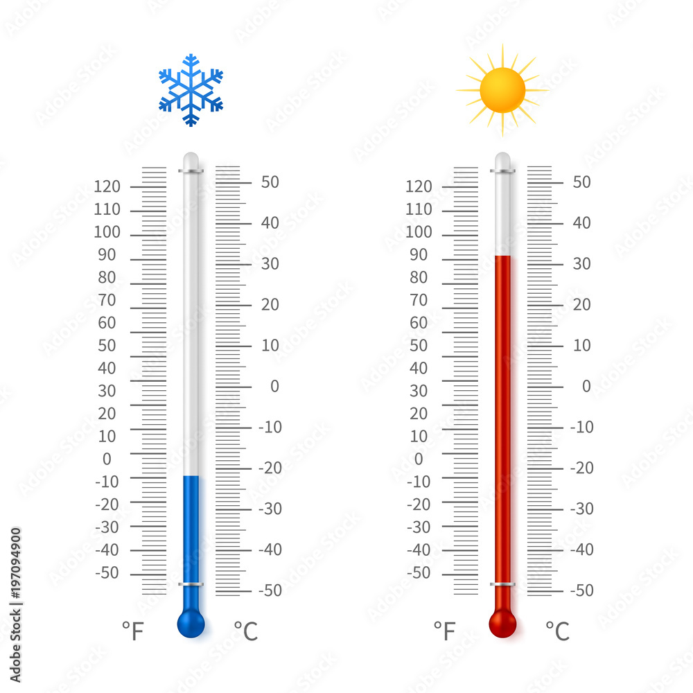 Hot and cold weather temperature symbols. Meteorology thermometers with  celsius and fahrenheit scale vector illustration Stock Vector | Adobe Stock