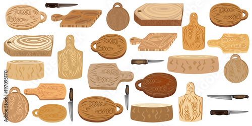 Wooden cutting boards. Kitchen utensil. Set of cutting boards and knives. Vector illustration of kitchen equipment.