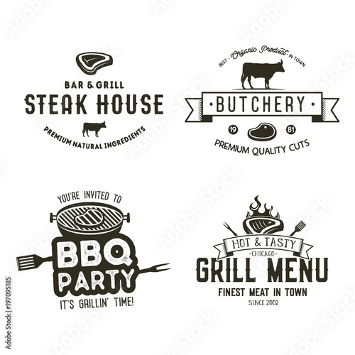 Vintage hand drawn steak house logo set, bbq party, barbecue grill badges, labels. Retro typography style. Butcher logo design with letterpress effect.Vector illustration isolated on white background.