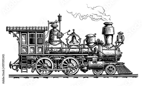 Retro steam locomotive, train. Vintage sketch vector illustration