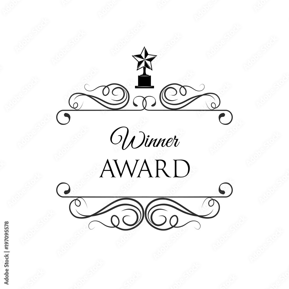 Award winner cup. Star shape. Swirls, decorations. Trophy. Vector illustration.