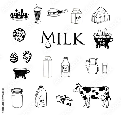 Milk dairy products icons set. Cow, milk jug, cup, milk shake. Vector illustration.
