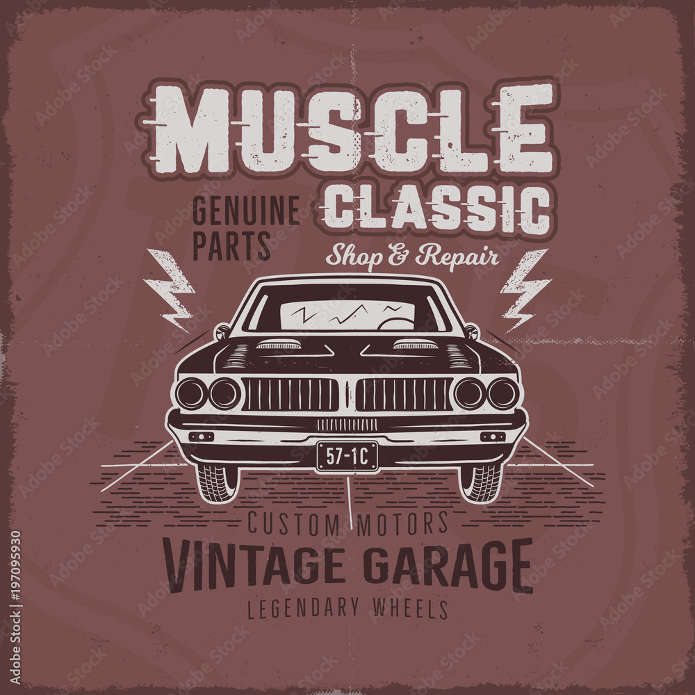 Fototapeta premium Vintage hand drawn muscle car t shirt design. Classic car poster with typography. Retro style poster with red grunge background. Old car logo, emblem template. Stock vector illustration