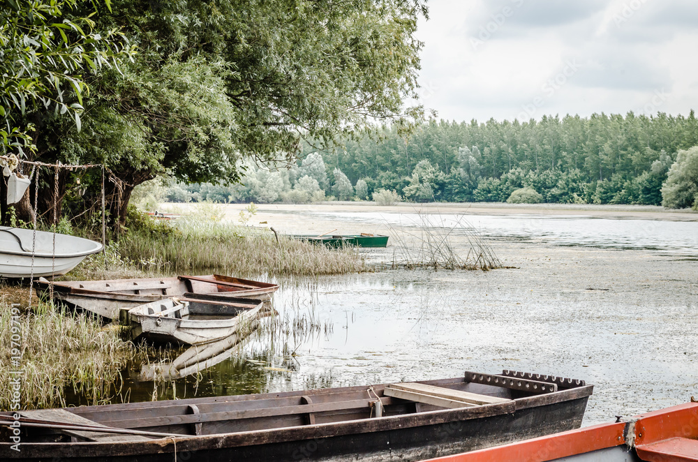 Wooden boat moored on the lake shore 