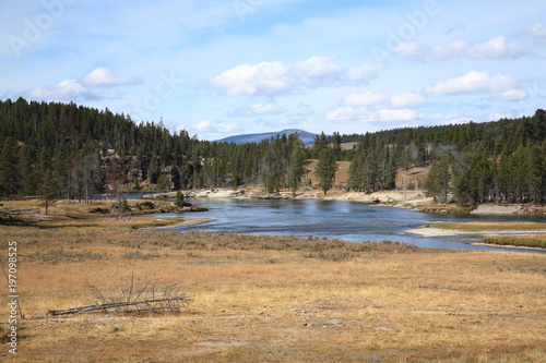 Yellowstone Landscape - Sweeping terrain and river at Yellowstone National Park