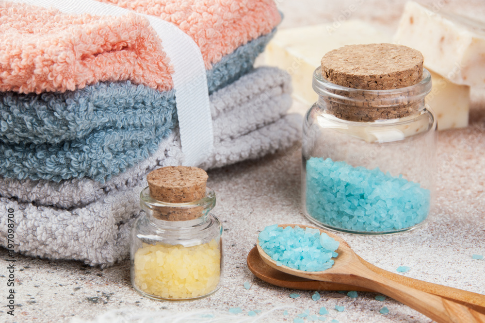 Bath salts in glass bottles,wooden spoon