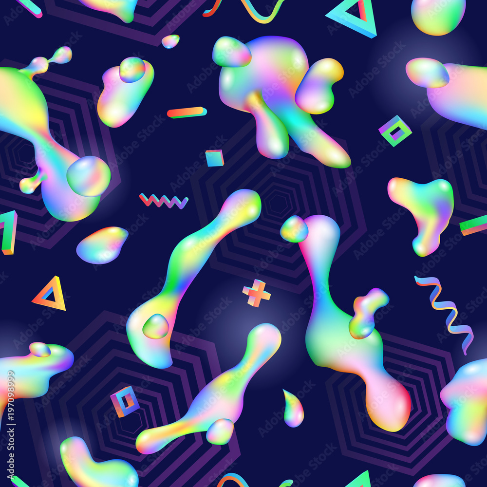 Seamless pattern of colorful fluids and geometric shapes. Modern futuristic design
