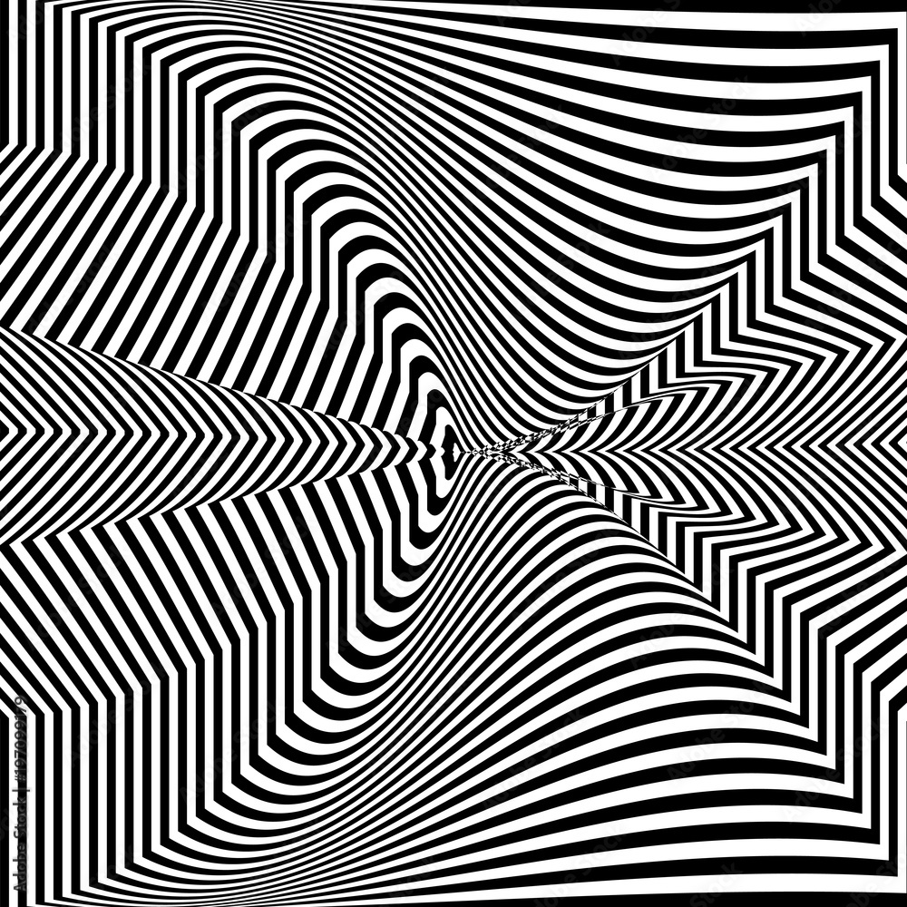 Abstract black and white background. Geometric pattern with visual distortion effect. Illusion of rotation. Op art. 