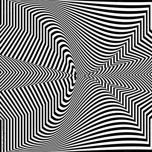 Abstract black and white background. Geometric pattern with visual distortion effect. Illusion of rotation. Op art. 