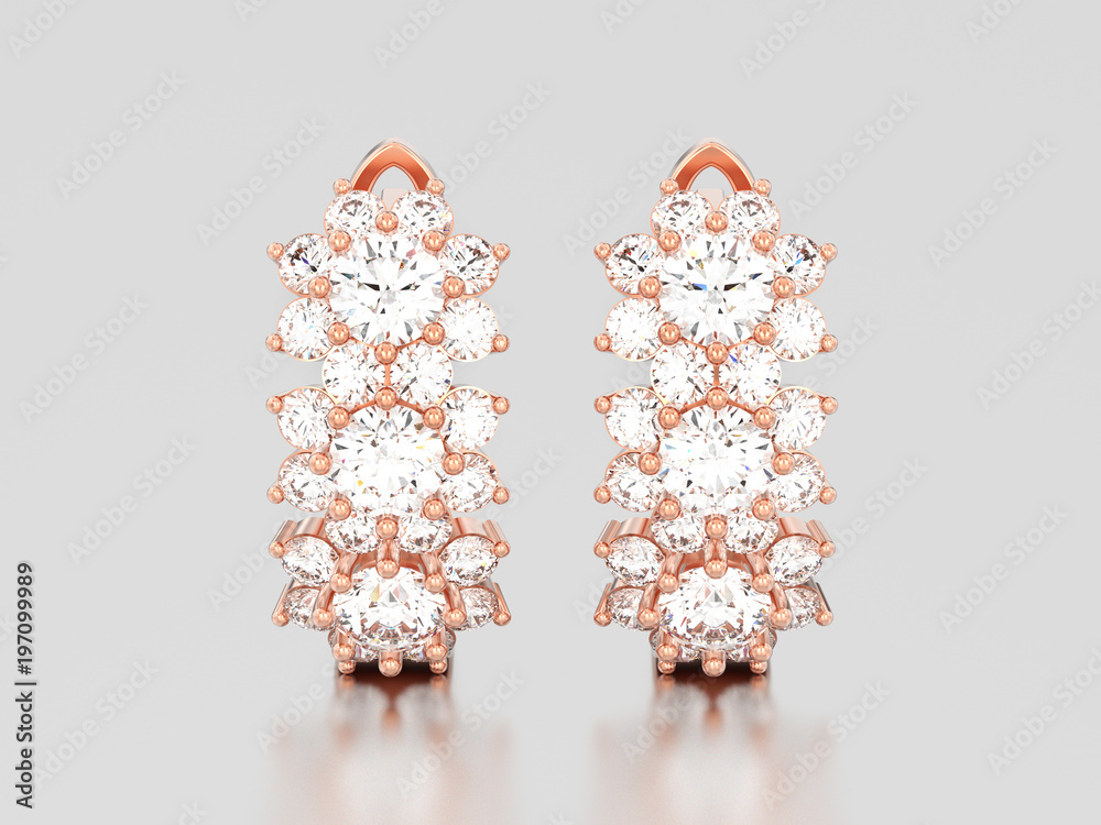 3D illustration isolated rose gold diamond earrings with hinged lock