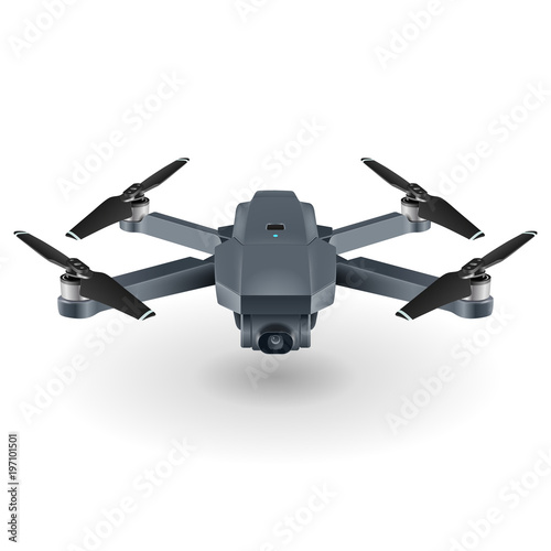 Drone or quadrocopter with camera. Gray color, white background.