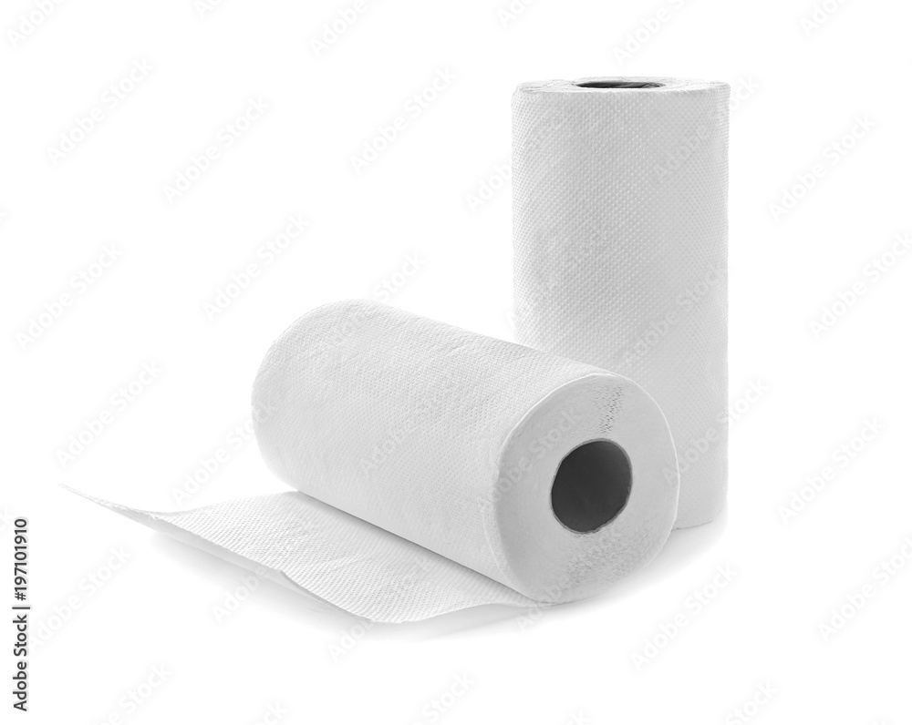 Fototapeta premium Two white paper towel rolls for kitchen cleaning and household hygiene, absorbent disposable wipes for spills and messes