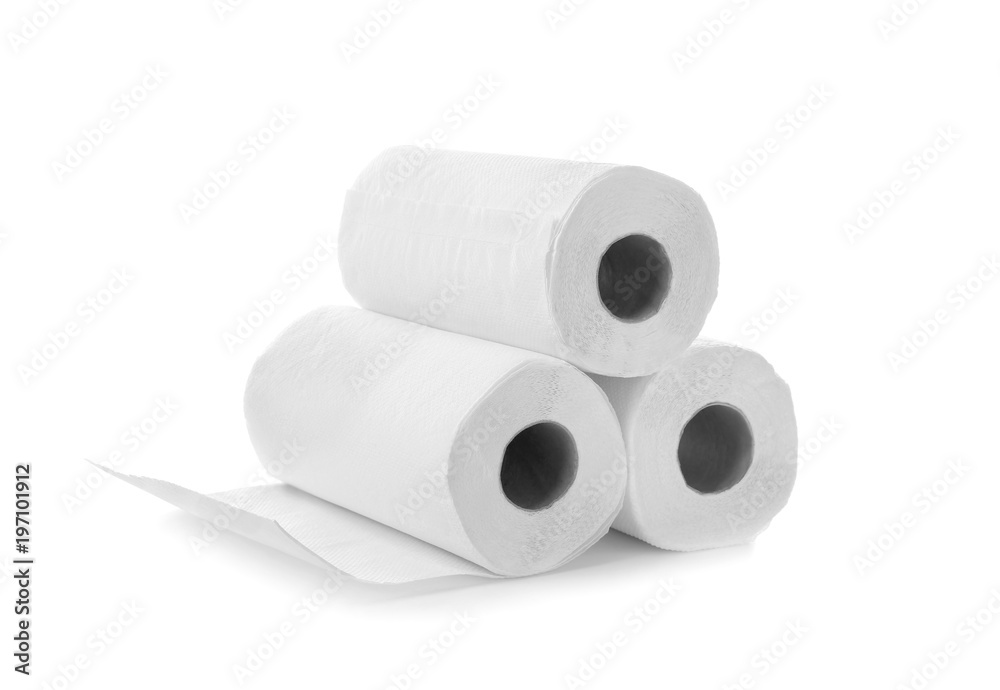 Fototapeta premium Rolls of paper towels on white background
