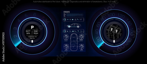 Automotive dashboard of the future. Hybrid car. Diagnostics and elimination of breakdowns. Blue. HUD style. Vector image.