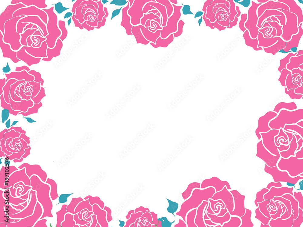 Pink Roses and blue leaves frame. Silhouette graphic flowers