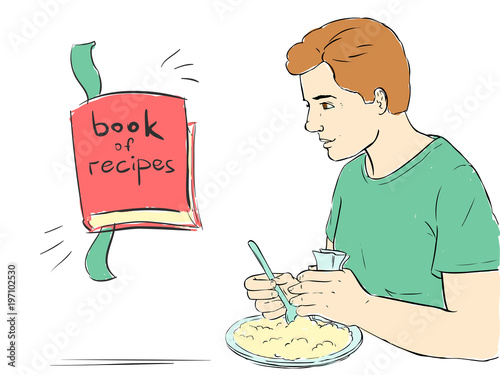 Man is eating and book of recipes - background