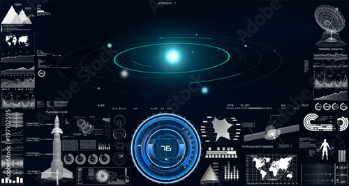 HUD UI. Space launch rockets, instrument panel, radars, 3d spaceship, space satellite, solar system, antenna in the HUD style. Technology Elements pack of the Sky-fi UI. Hologram solar system. Sci set