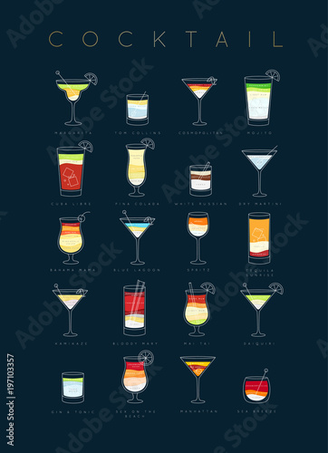 Poster cocktails flat dark blue
