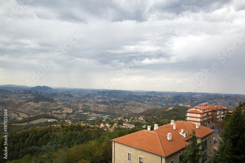 San Marino top view. Beautiful panoram of San Marino. Dark heavy sky, Italy.