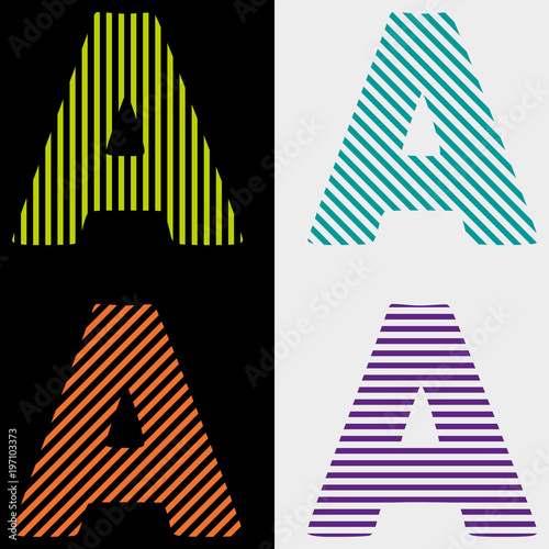 Line art logo set. Letter "A" design. Alphabet, abstract set of letters A, from horizontal, vertical, oblique strips, executed on a white and black background.