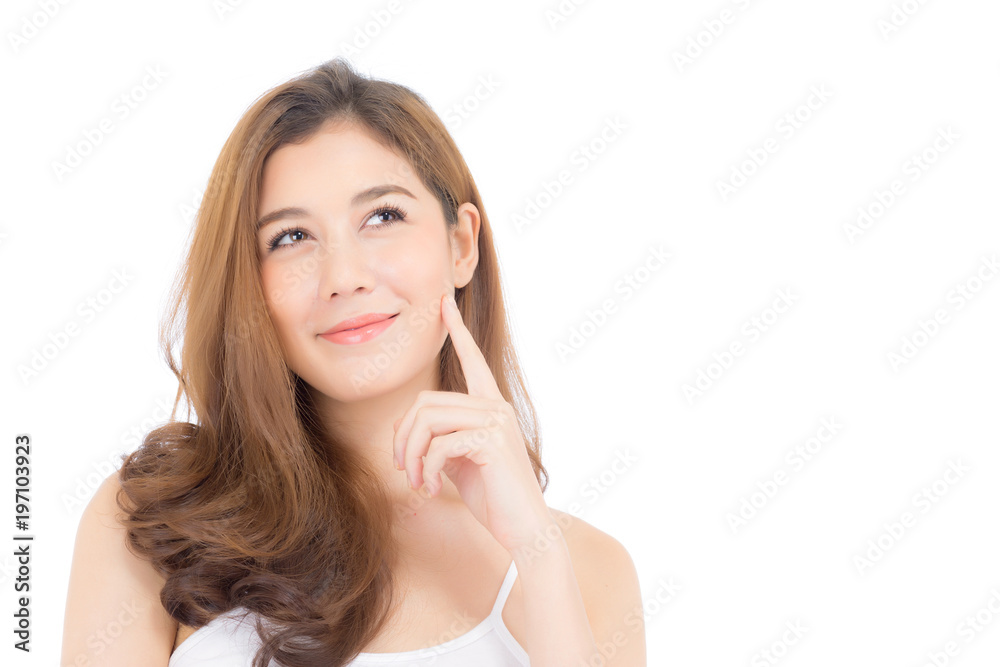 Portrait of beautiful asian woman thinking something and makeup of cosmetic - girl hand touch cheek and smile on attractive face with skin healthcare concept isolated on white background. Portrait of beautiful asian woman thinking something and makeup of cosmetic - girl hand touch cheek and smile on attractive face with skin healthcare concept isolated on white background.