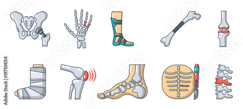 Human bones icon set, cartoon style