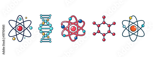 Molecule and atom icon set, cartoon style