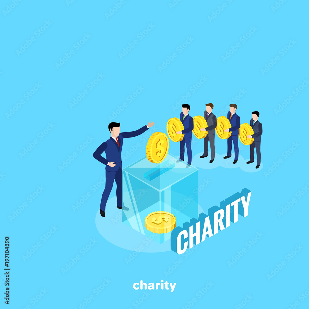 men in business suits stand in line to make a charitable contribution and a glass box as a tool for collecting money, an isometric image men in business suits stand in line to make a charitable contribution and a glass box as a tool for collecting money, an isometric image