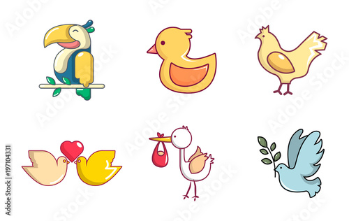 Birds icon set, cartoon style
