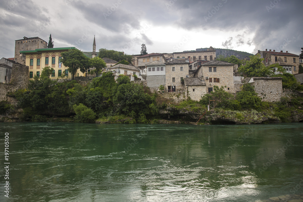 Fototapeta premium View of Old Town Mostar from the bank of Neretva River, Bosnia and Herzegovina.