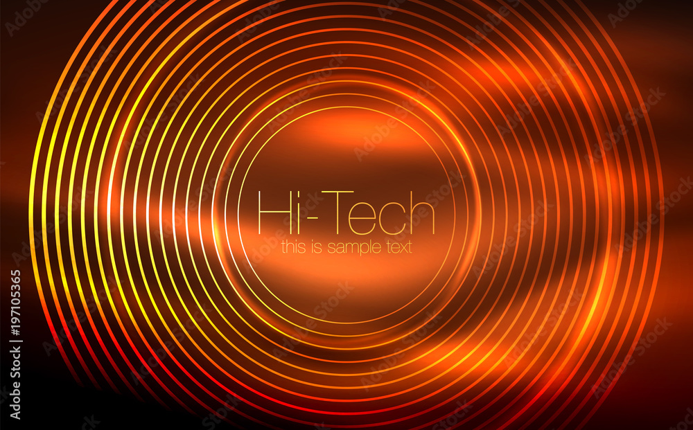 Circular glowing neon shapes, techno background. Abstract shiny transparent circles on dark technology space Circular glowing neon shapes, techno background. Abstract shiny transparent circles on dark technology space