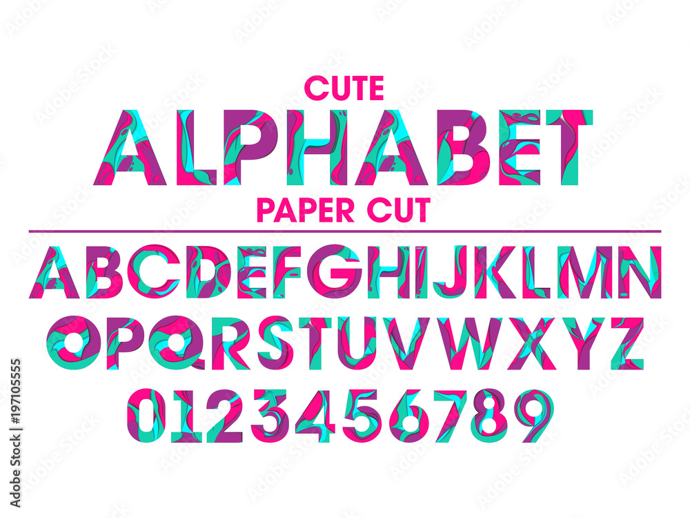 Vector Set of Letters and Numbers in paper cut style. Colorful alphabet with abstract paper cut shapes.