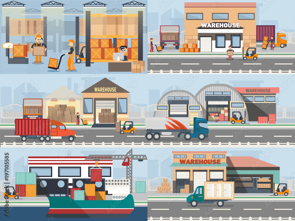 Warehouse building and shipping process in flat style. Logistic objects with elements like vehicle, people, forklift, boxes.