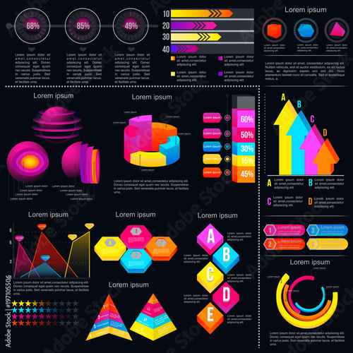 Modern infographic template with statistics graphs and finance charts in vetor. Colorful infographic elements on black background.
