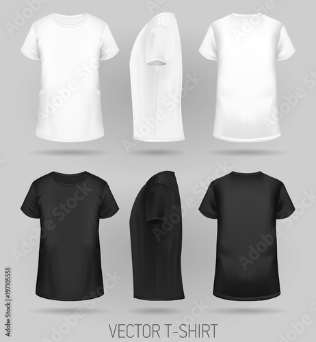 T-shirt template in three dimentions: front, side and back view, realistic gradient mesh vetor. black and white colors.