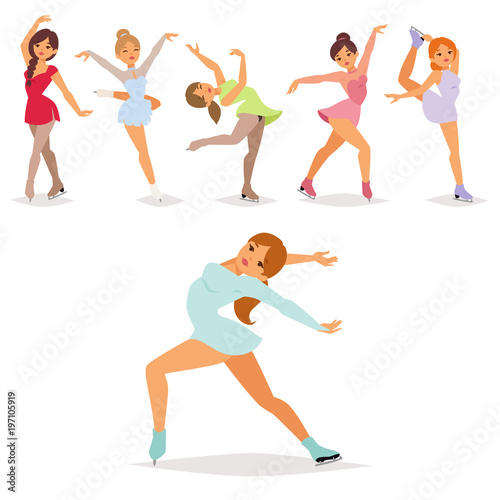 Figure ice skater vector cartoon trick figure women beauty sport girls doing exercise and tricks jumping ice skater characters dancer figurist skates girls performance illustration
