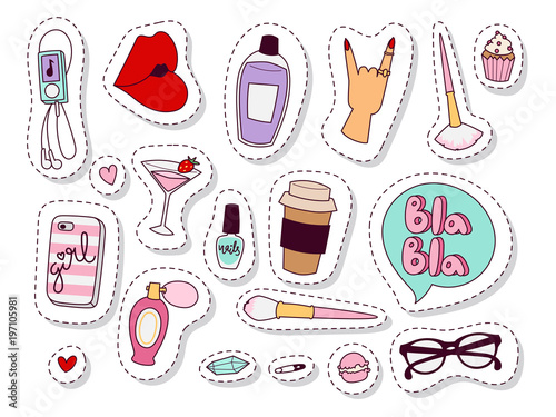 Girl fashion accessories casual woman style shopping items and beautiful cosmetic or makeup tools vector illustration.