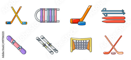 Winter sport equipment icon set, cartoon style
