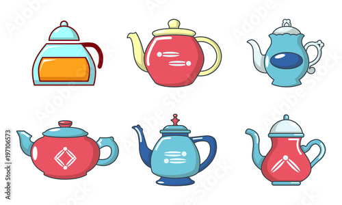 Tea pot icon set, cartoon style